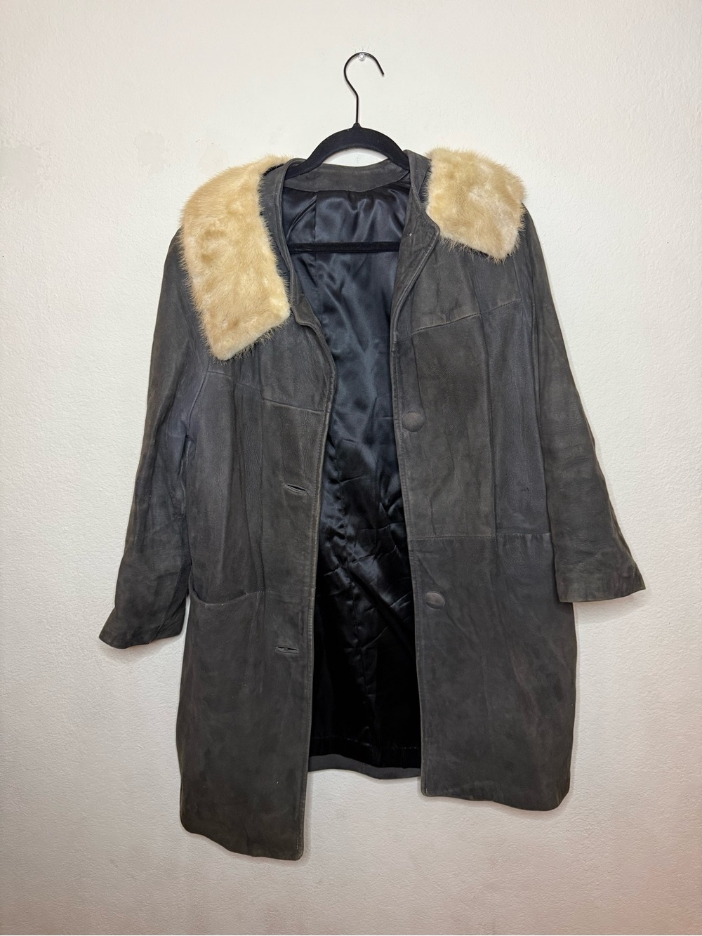 Suede Faux-Fur Collar Coat - Gray/Brown with Cream Collar